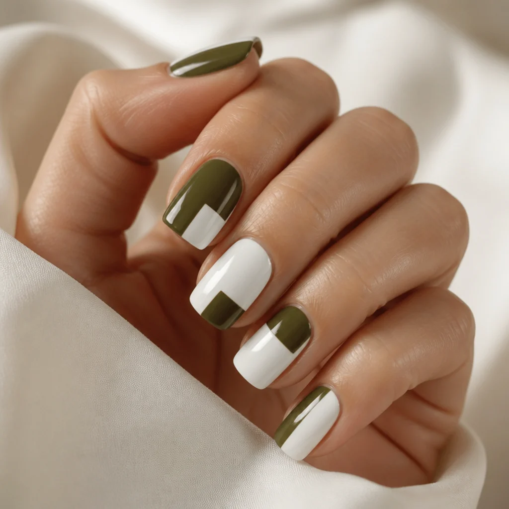 Medium squoval nails in a graphic color block of deep-leaning olive green and crisp white on a fair-medium hand