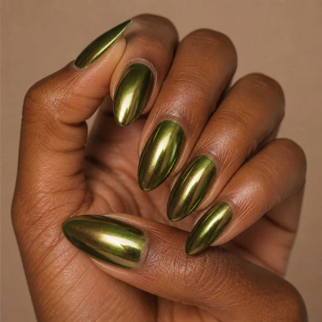 Almond nails in deep olive green with a mirror-like chrome sheen shifting between green and bronze on a deep-tone hand