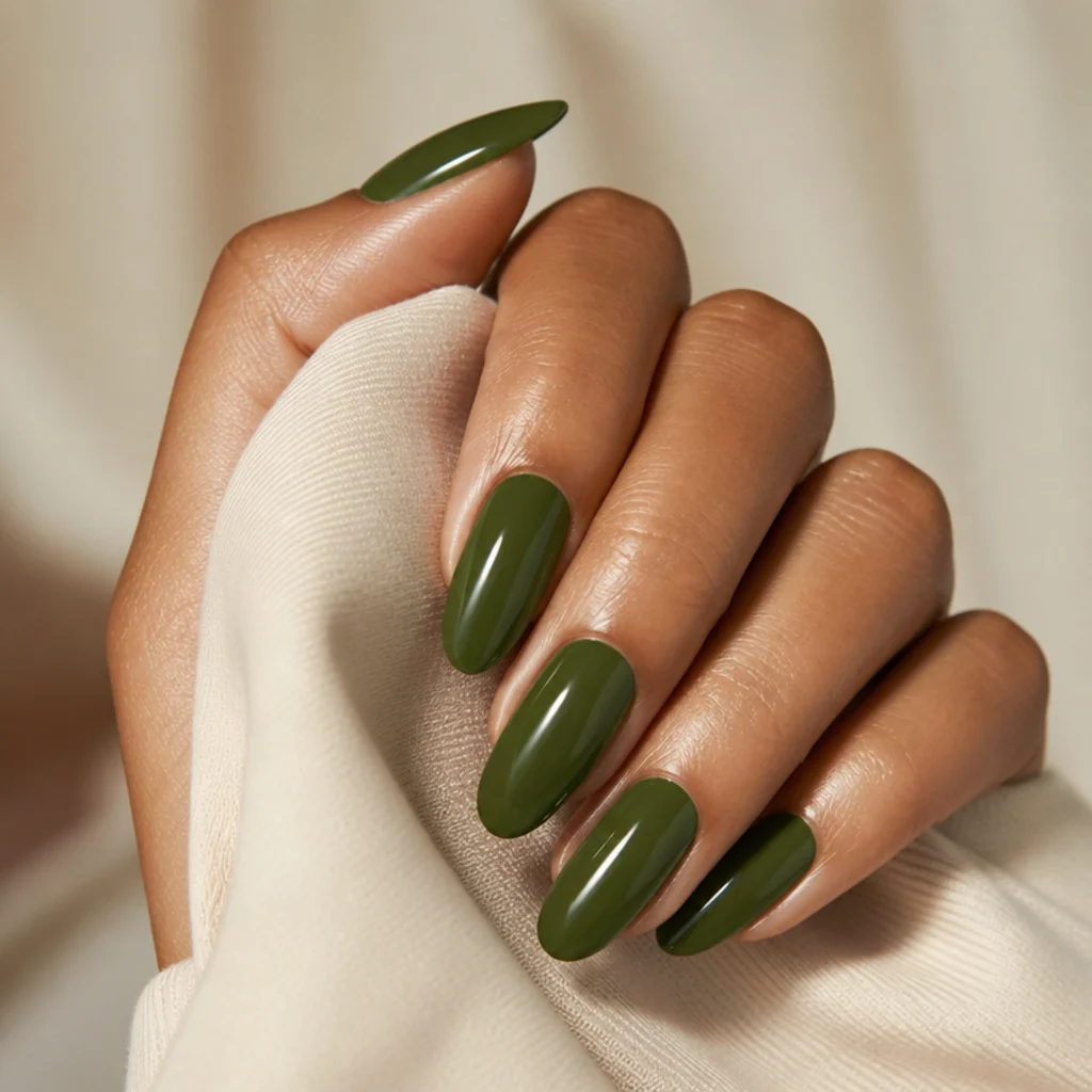 Long almond acrylic nails in a saturated deep olive green with a flawless glossy surface on a medium-tone hand