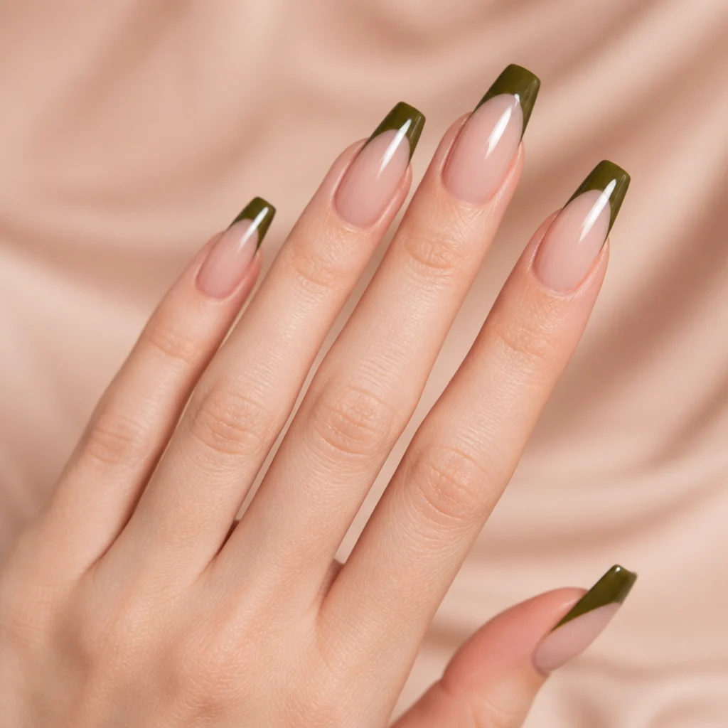 Long coffin nails with a sheer base and bold dark olive green French tips on a fair hand, macro editorial shot