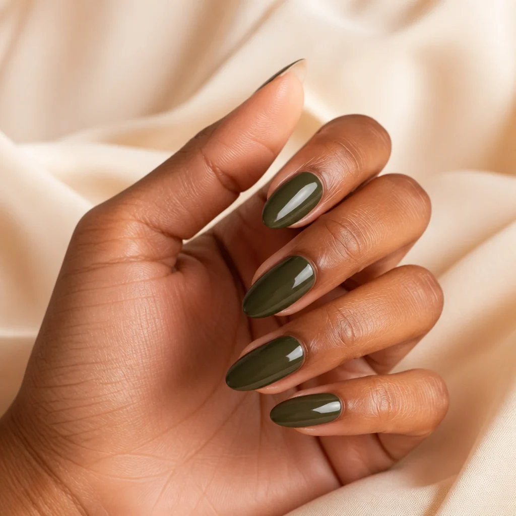 Medium-long almond nails in a fully saturated dark olive green cream with a glass-like glossy finish on a tan hand