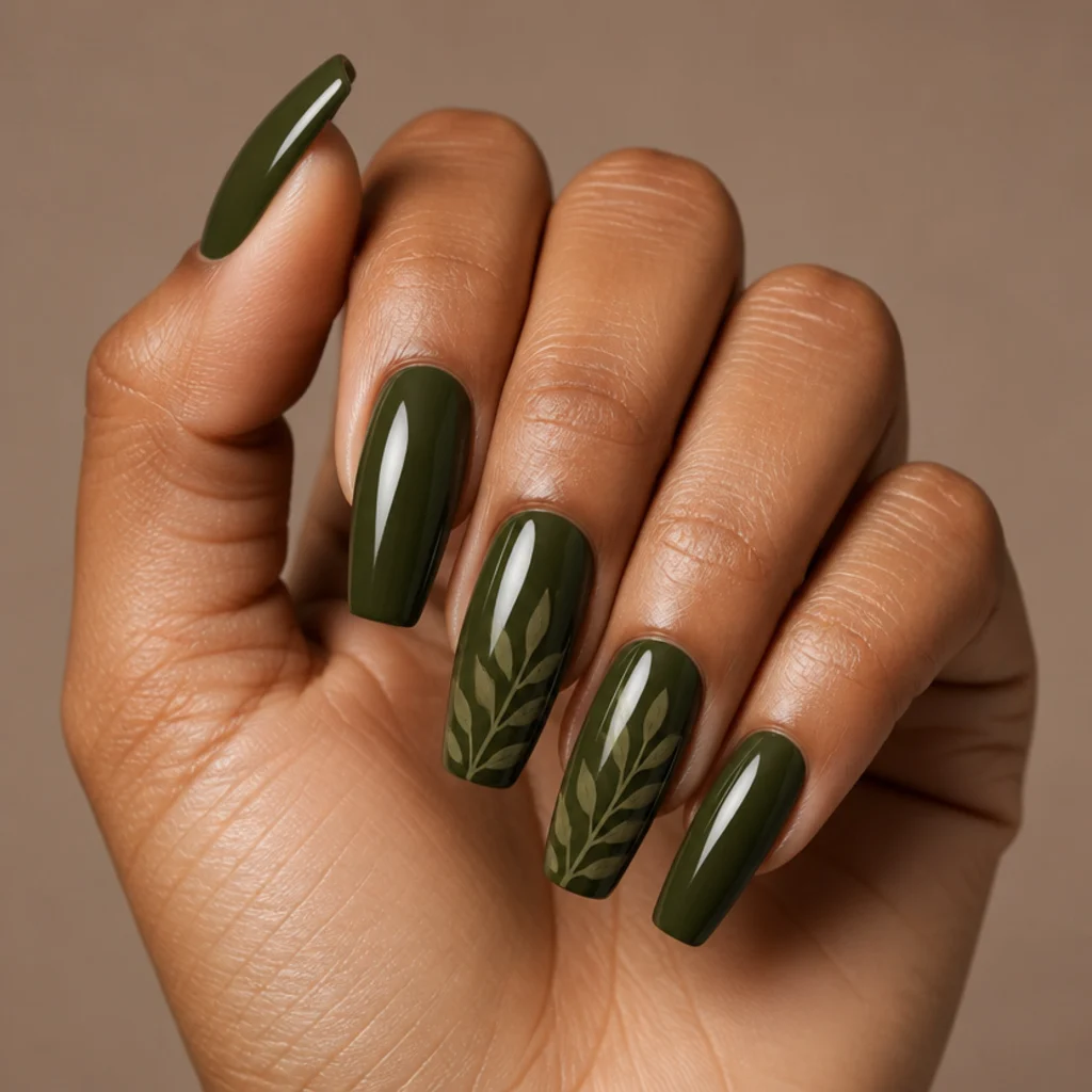 Long coffin nails in dark olive green with delicate hand-painted lighter-olive leaf art on two accent nails