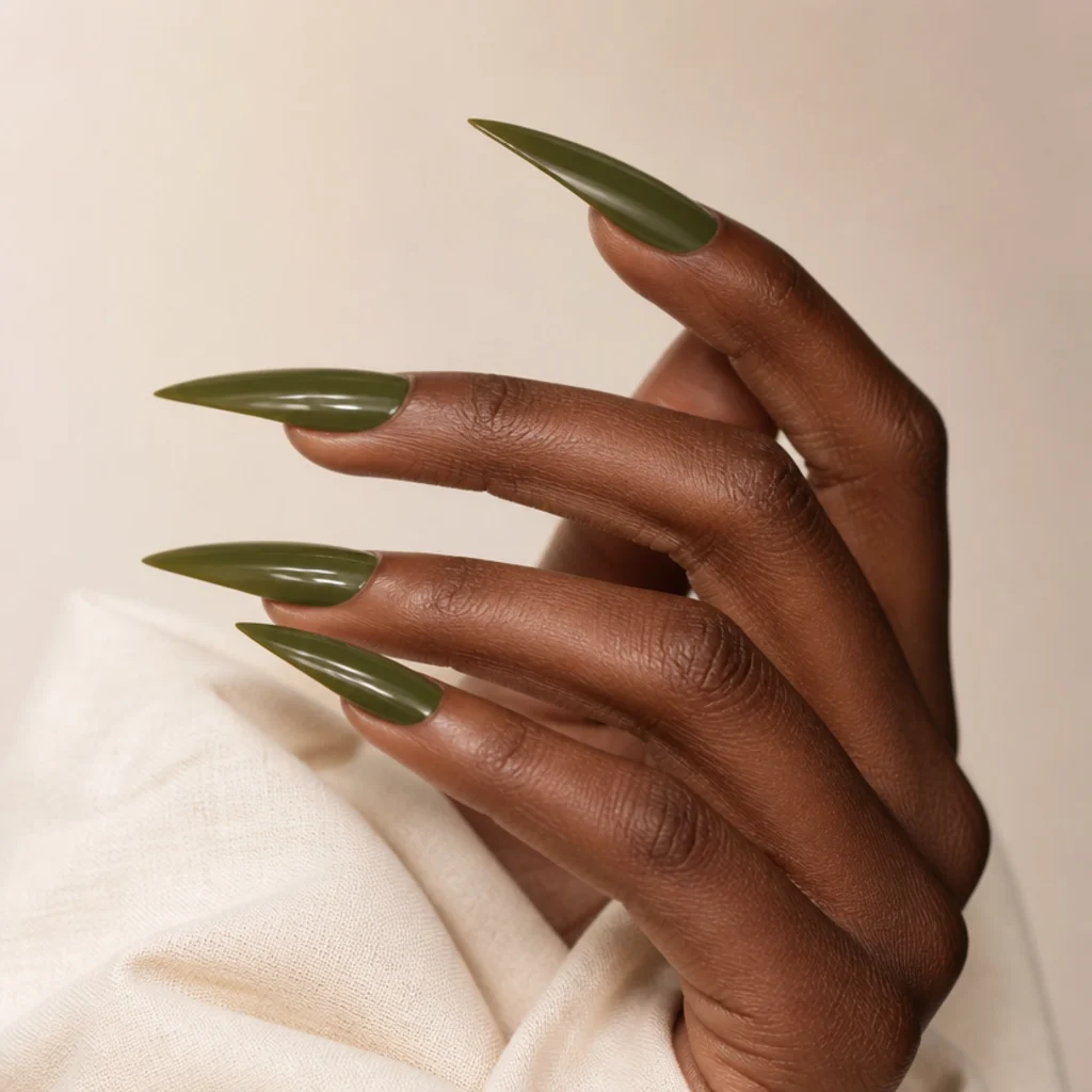 Long stiletto acrylic nails in a bold deep olive green with a sharp point and mirror gloss on a deep-tone hand