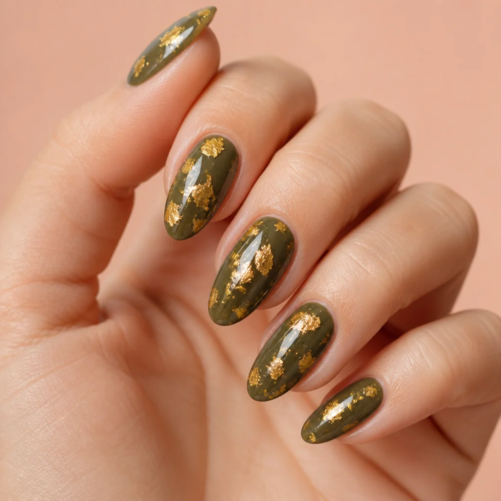 Almond nails in dark olive green with irregular torn gold foil flecks scattered across the surface on a fair-medium hand