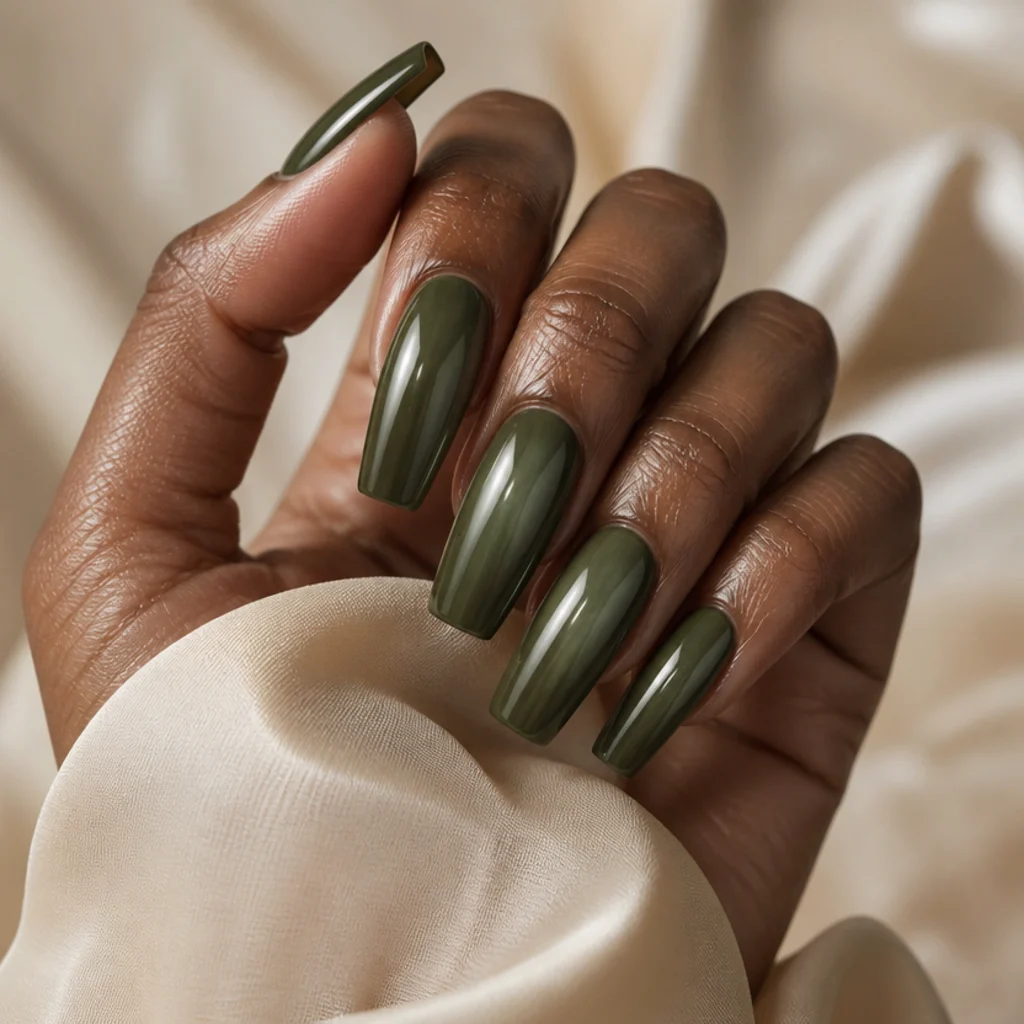 Long coffin nails in the deepest dark olive green with a glazed pearlescent overlay creating depth on a deep-tone hand