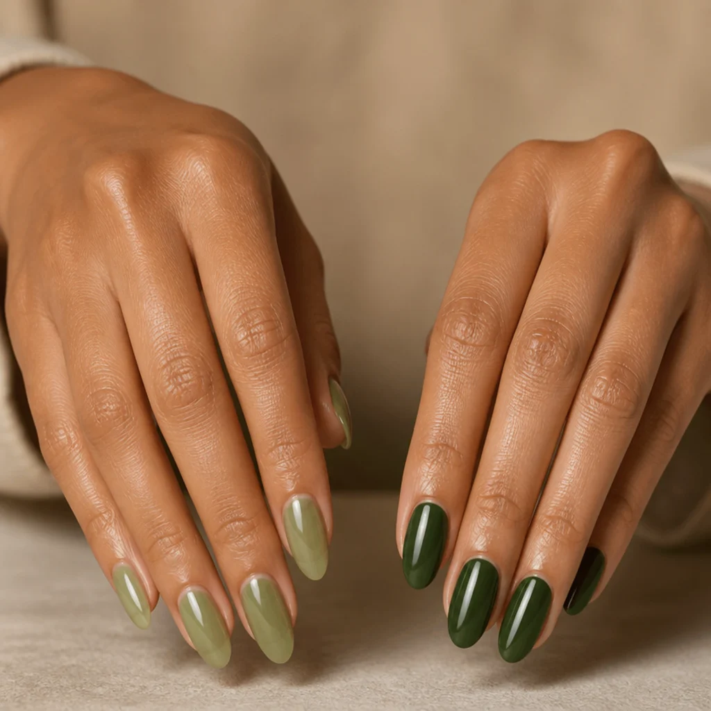 Close-up of almond nails showing a soft light olive green wash beside a deeper dark olive green finish on a warm ivory background