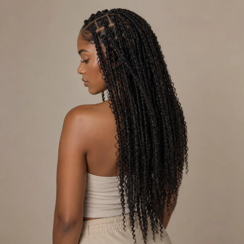 Black woman with classic waist-length butterfly locs in natural black showing a soft distressed loop finish, three-quarter back angle on a taupe backdrop