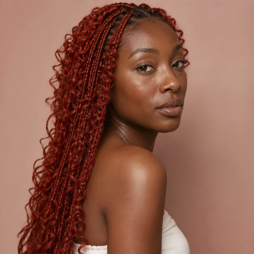 Black woman with vivid red butterfly locs in long distressed texture, three-quarter side angle against a muted blush background