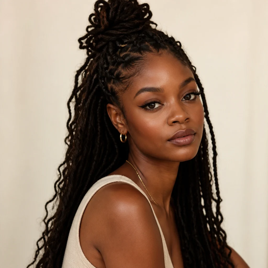 Black woman wearing long butterfly locs in a half-up half-down style with a loose top knot and bohemian texture, three-quarter angle on an ivory backdrop