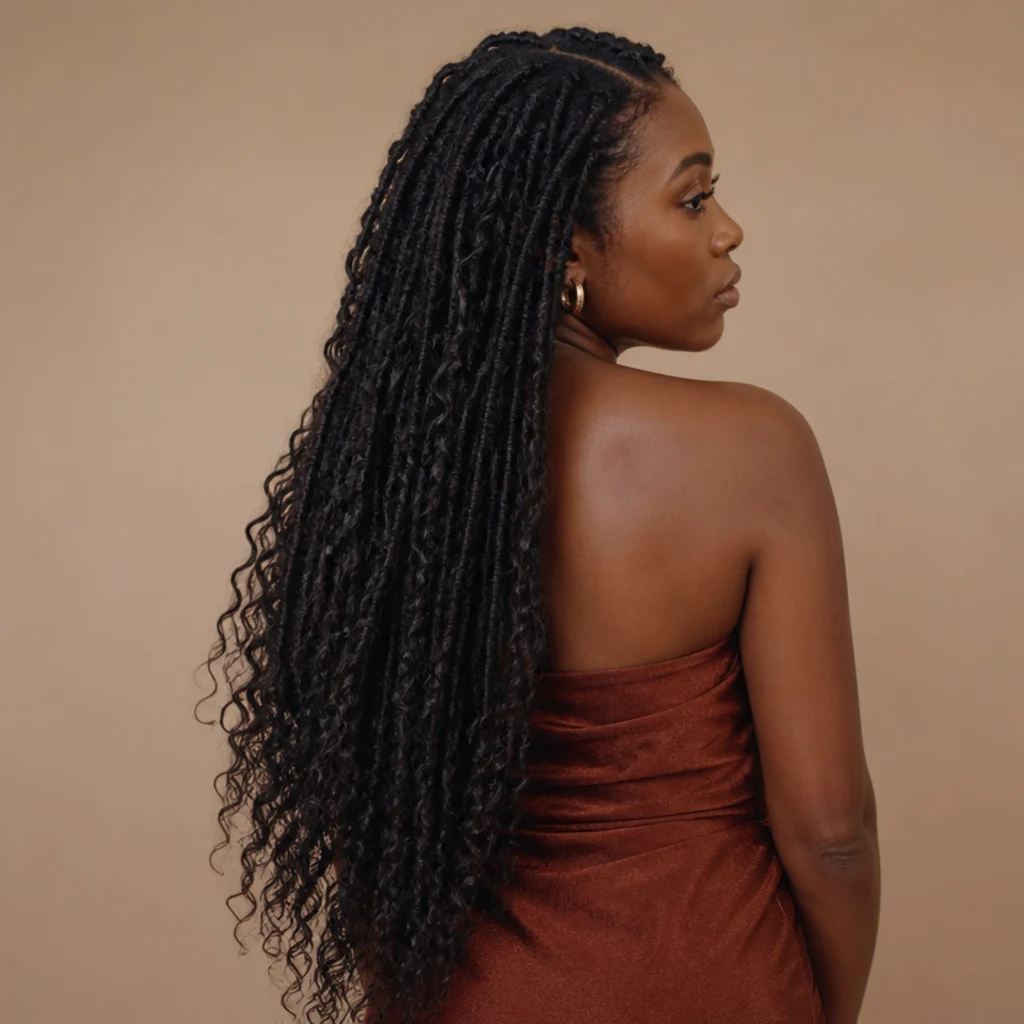 Black woman with butterfly faux locs finished with loose curly ends at long length, three-quarter back angle in soft diffused studio light