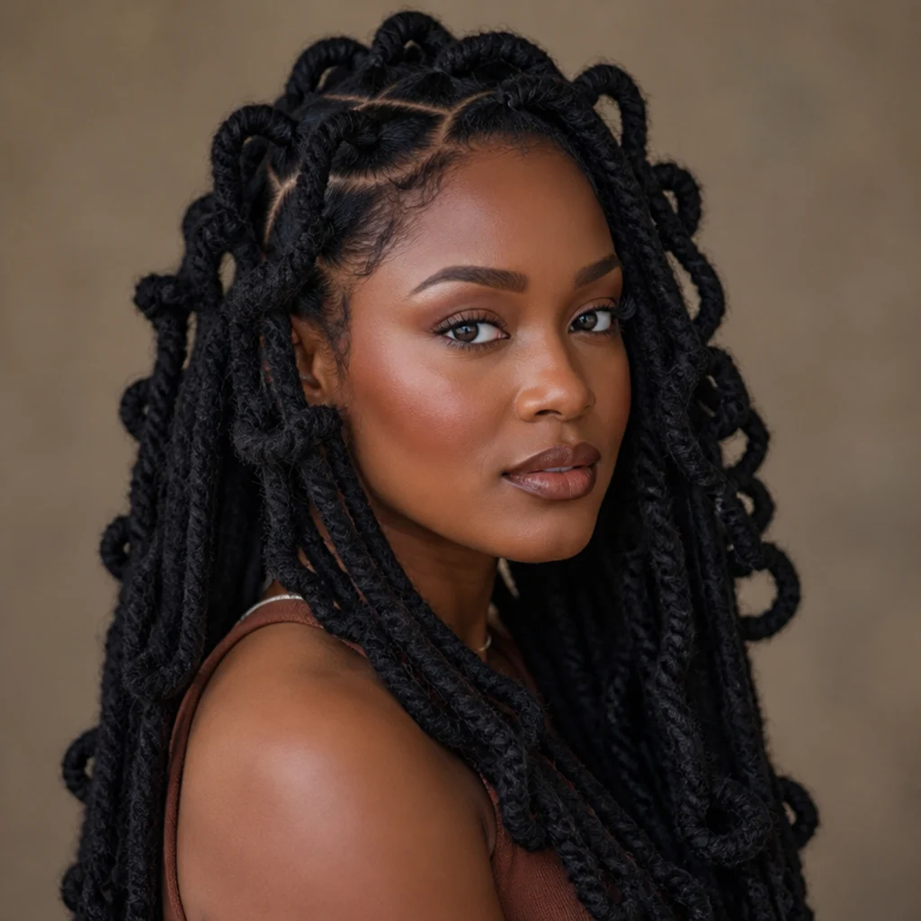 Black woman with chunky jumbo long butterfly locs in thick distressed sections, three-quarter side angle on a warm taupe background