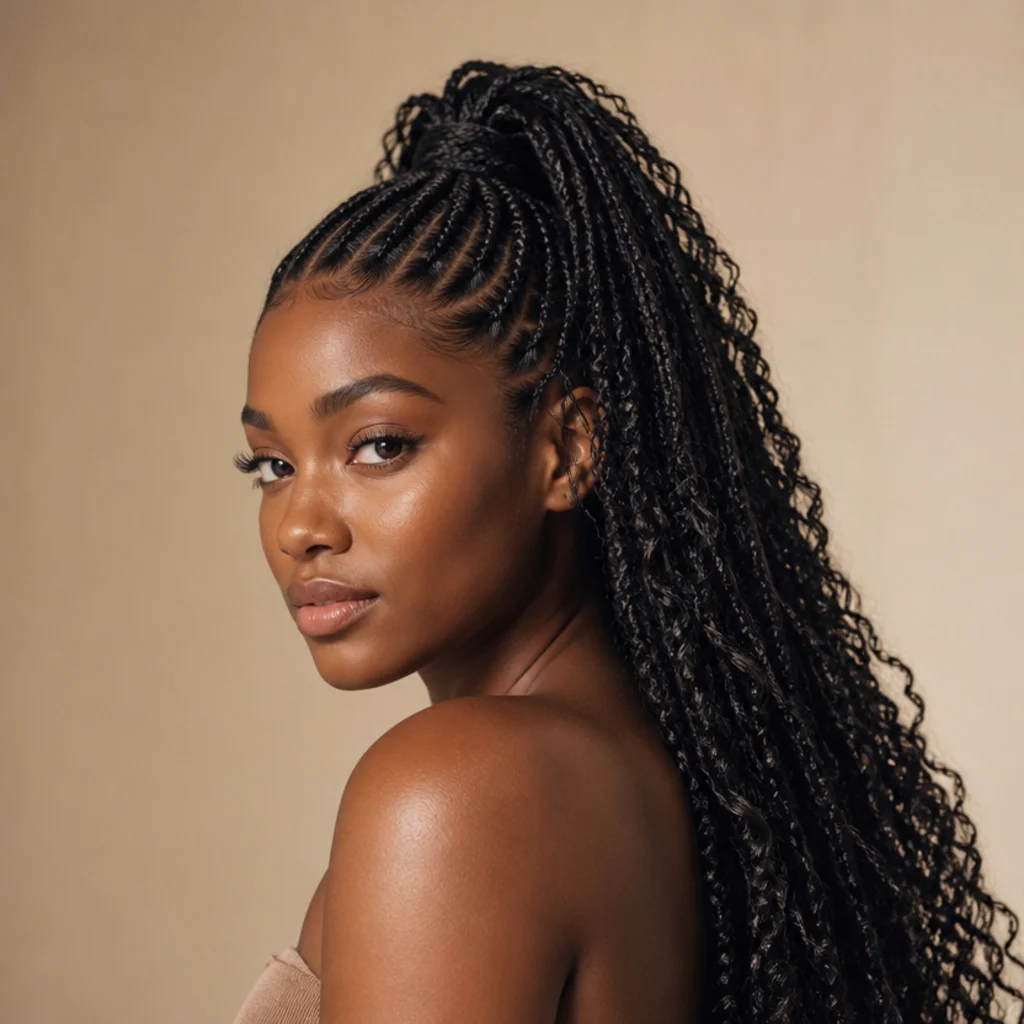 Black woman with long butterfly locs pulled into a sleek high ponytail with a smooth crown and cascading textured length, three-quarter angle on an ivory backdrop