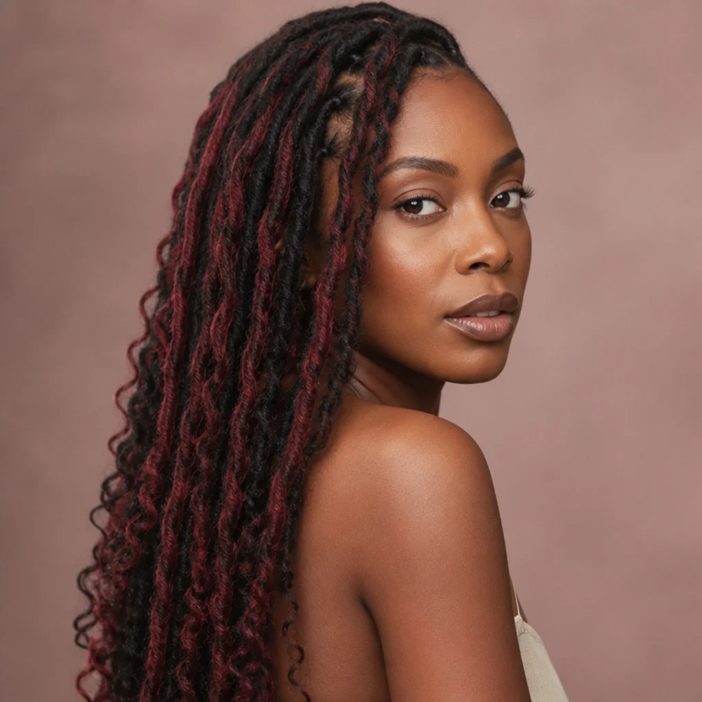 Black woman with long butterfly locs blending burgundy and black strands in rich dimensional color, three-quarter side angle on a muted blush background