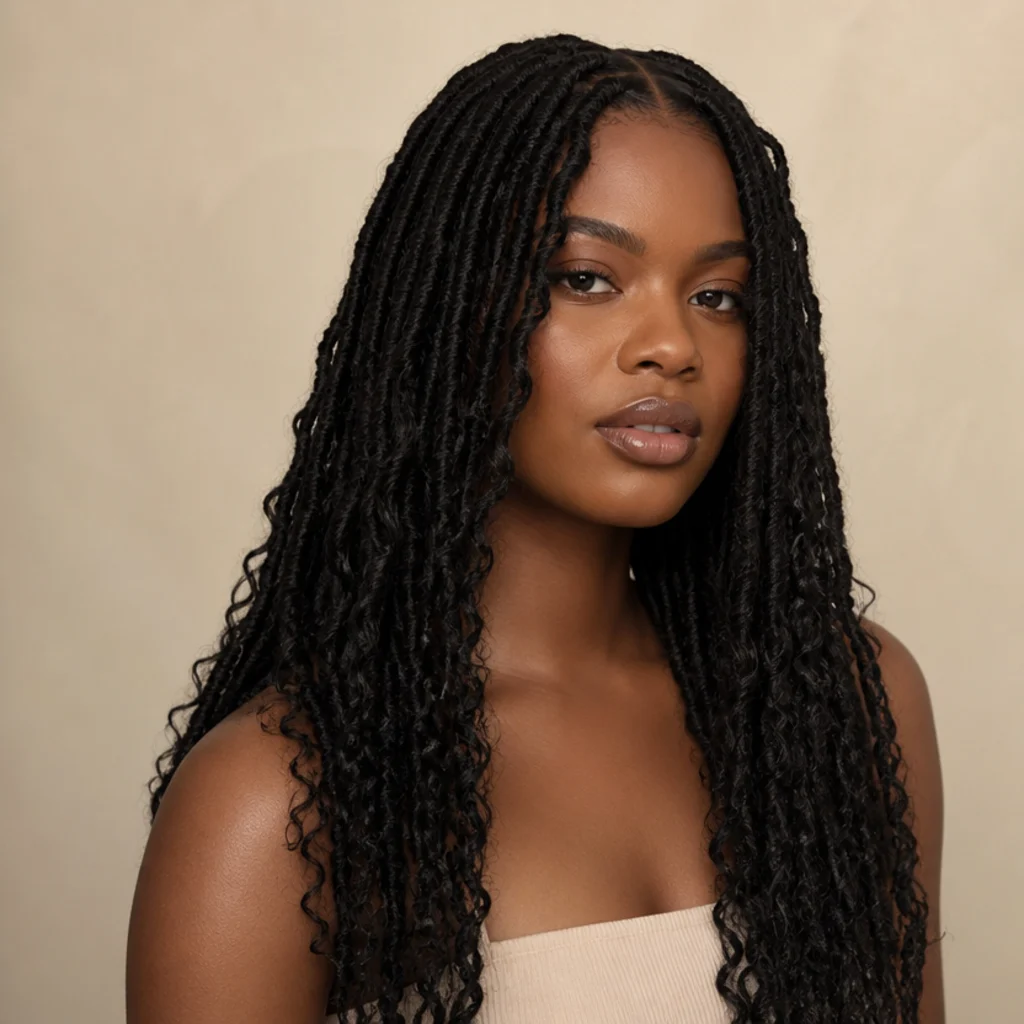 Black woman with long butterfly locs in a sleek center part framing the face like curtains, three-quarter angle in soft studio light on an ivory backdrop