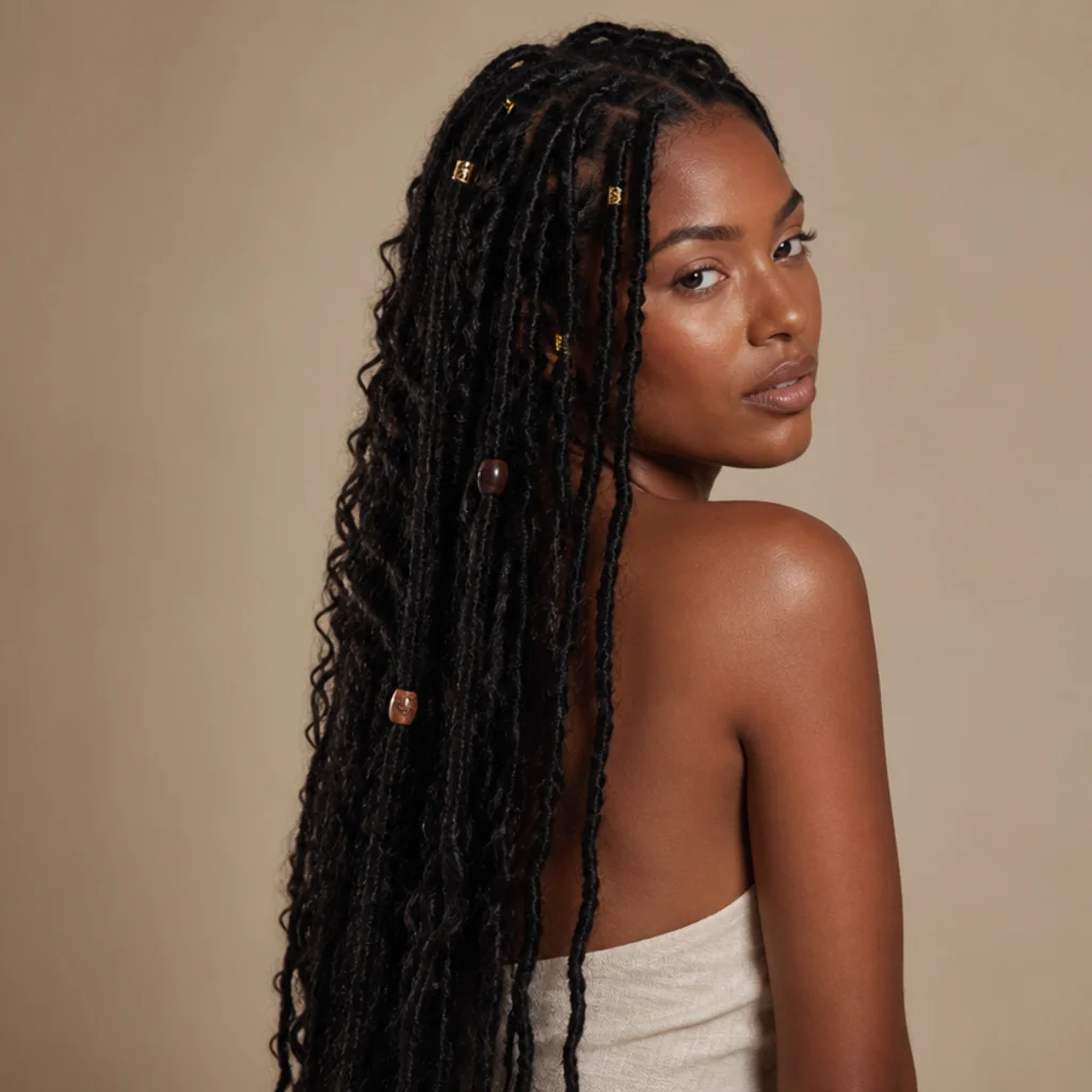 Black woman with long butterfly locs adorned with gold cuffs and wooden beads over textured length, three-quarter back angle on a warm taupe backdrop
