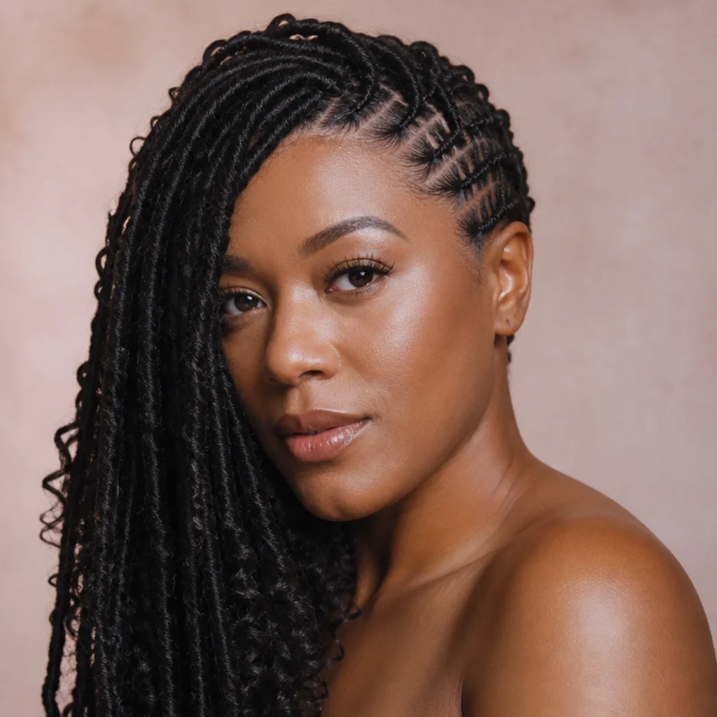 Black woman with long butterfly locs swept dramatically to one side creating an undercut illusion with textured volume, three-quarter angle on a blush backdrop