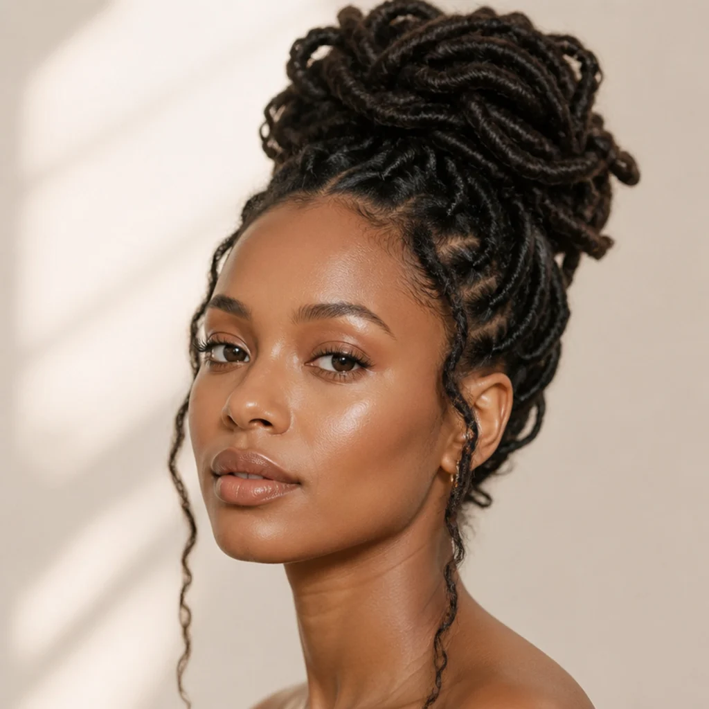 Black woman with long butterfly locs gathered in a high boho bun with two face-framing tendrils and soft texture, three-quarter angle on an ivory studio backdrop