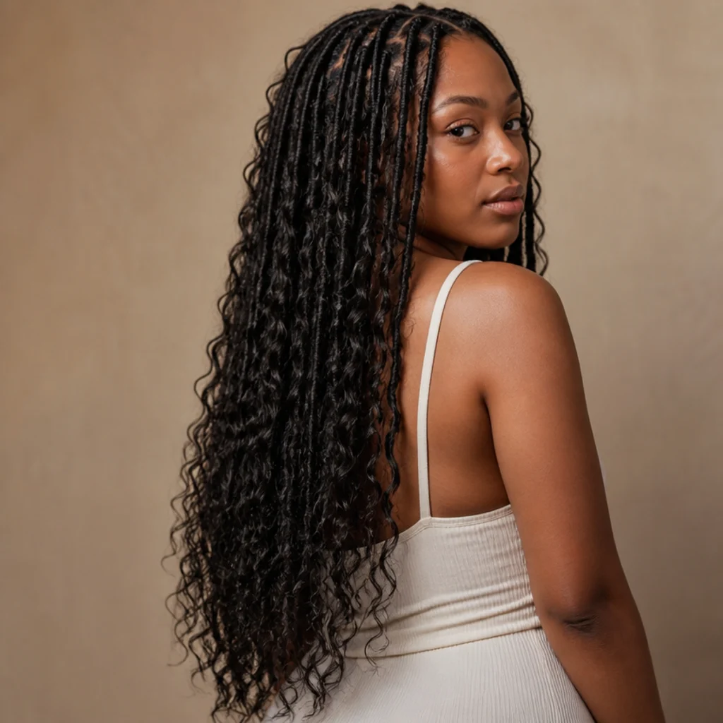 Black woman with long butterfly locs featuring deep water-wave distressed texture and heavy loops, three-quarter back angle in soft diffused studio light