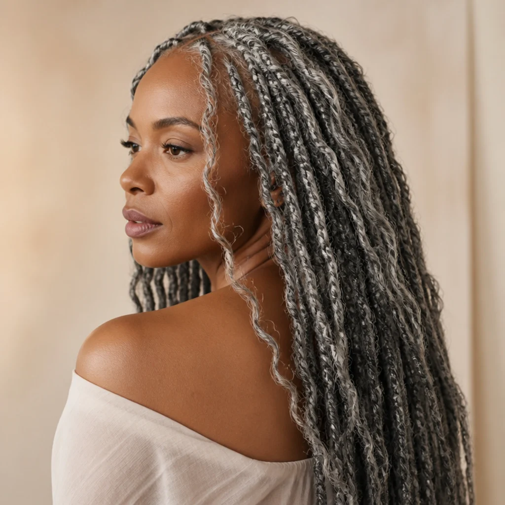Black woman with long butterfly locs in a cool grey and silver blend at dramatic length, three-quarter side angle on a warm ivory backdrop