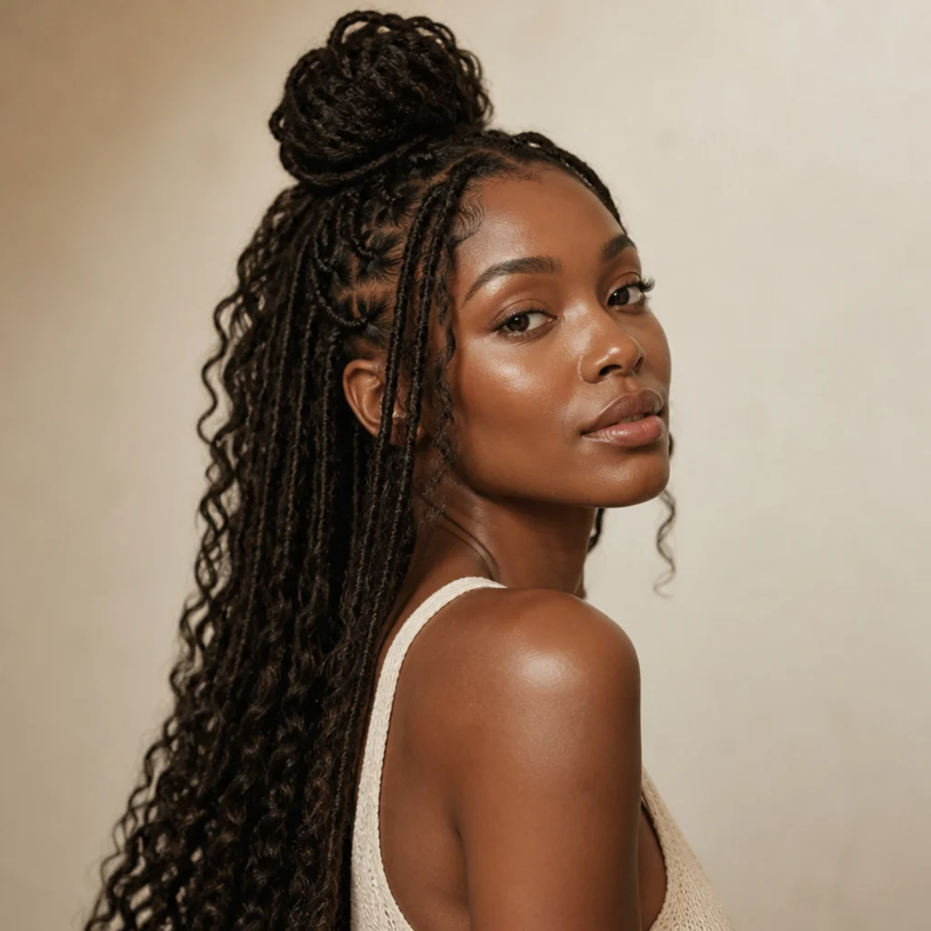 Black woman with waist-length butterfly locs styled in a half-up knot, three-quarter side angle, warm ivory studio backdrop