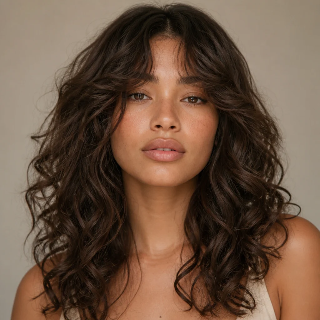 Front view of a woman with a soft long shag, center-parted curtain bangs sweeping into warm chestnut ringlets