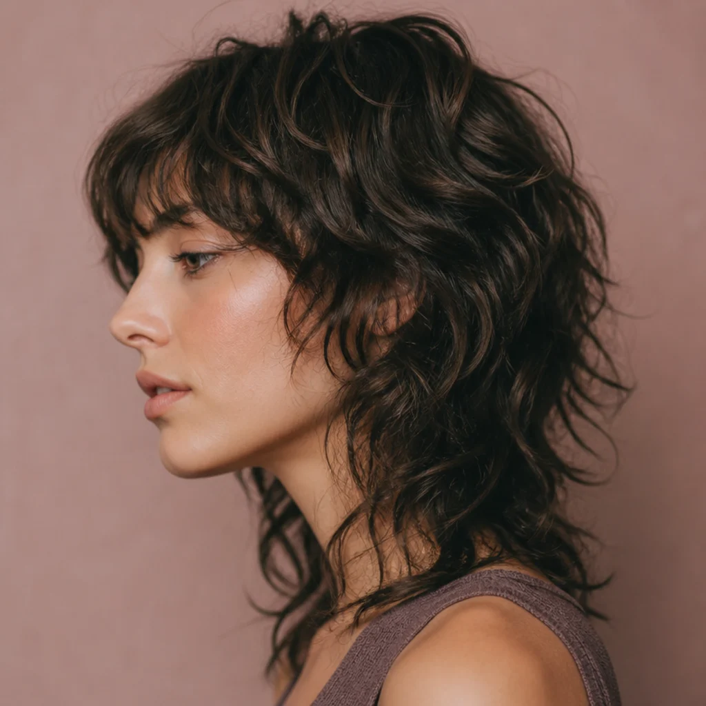 Side view of loose S-shaped waves in a choppy layered shag with visible short crown layers and airy point-cut ends