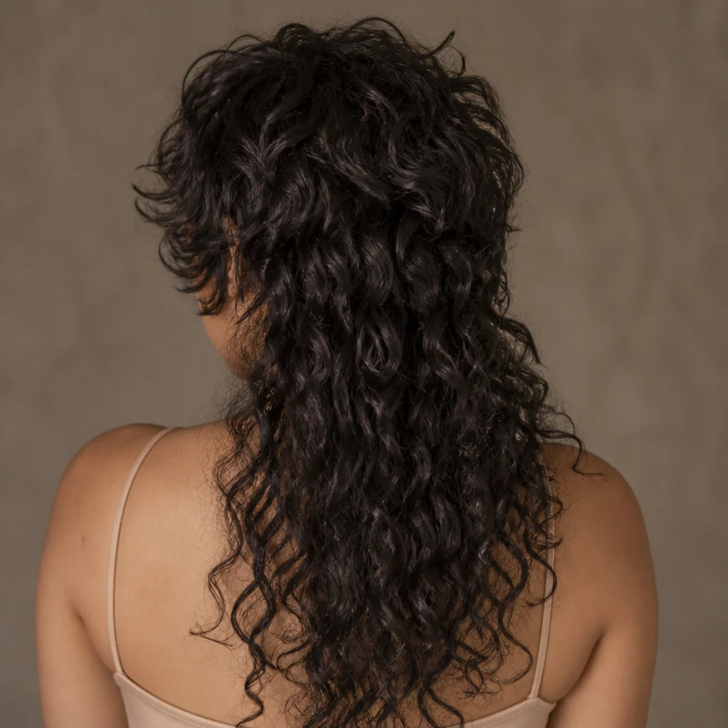 Back view of a dramatic wolf-cut shag on thick dark curls with a heavily layered, slightly disconnected high crown