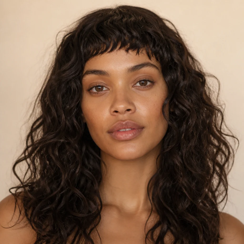 Front view of a curly long shag with a short, blunt micro fringe sitting high above the brow