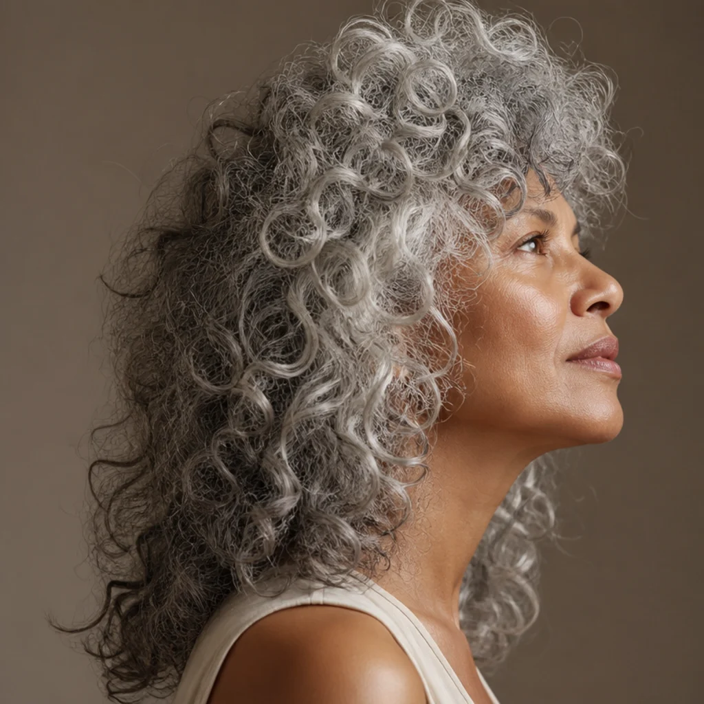 Side view of natural silver-gray curls in a long shag with soft, blended choppy layers catching studio light
