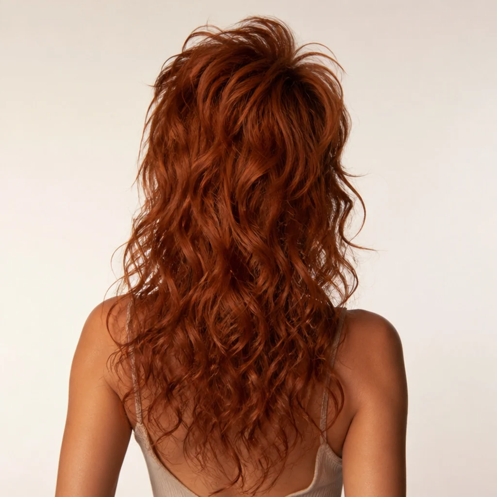 Back view of a vivid copper long shag with short choppy crown layers adding height and separation