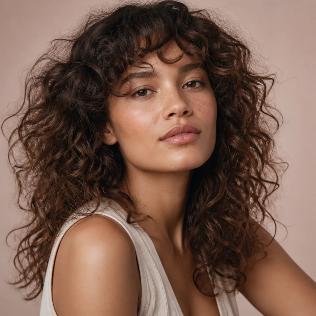 Three-quarter view of fine loose curls in a long layered shag with delicately feathered, restrained soft layers