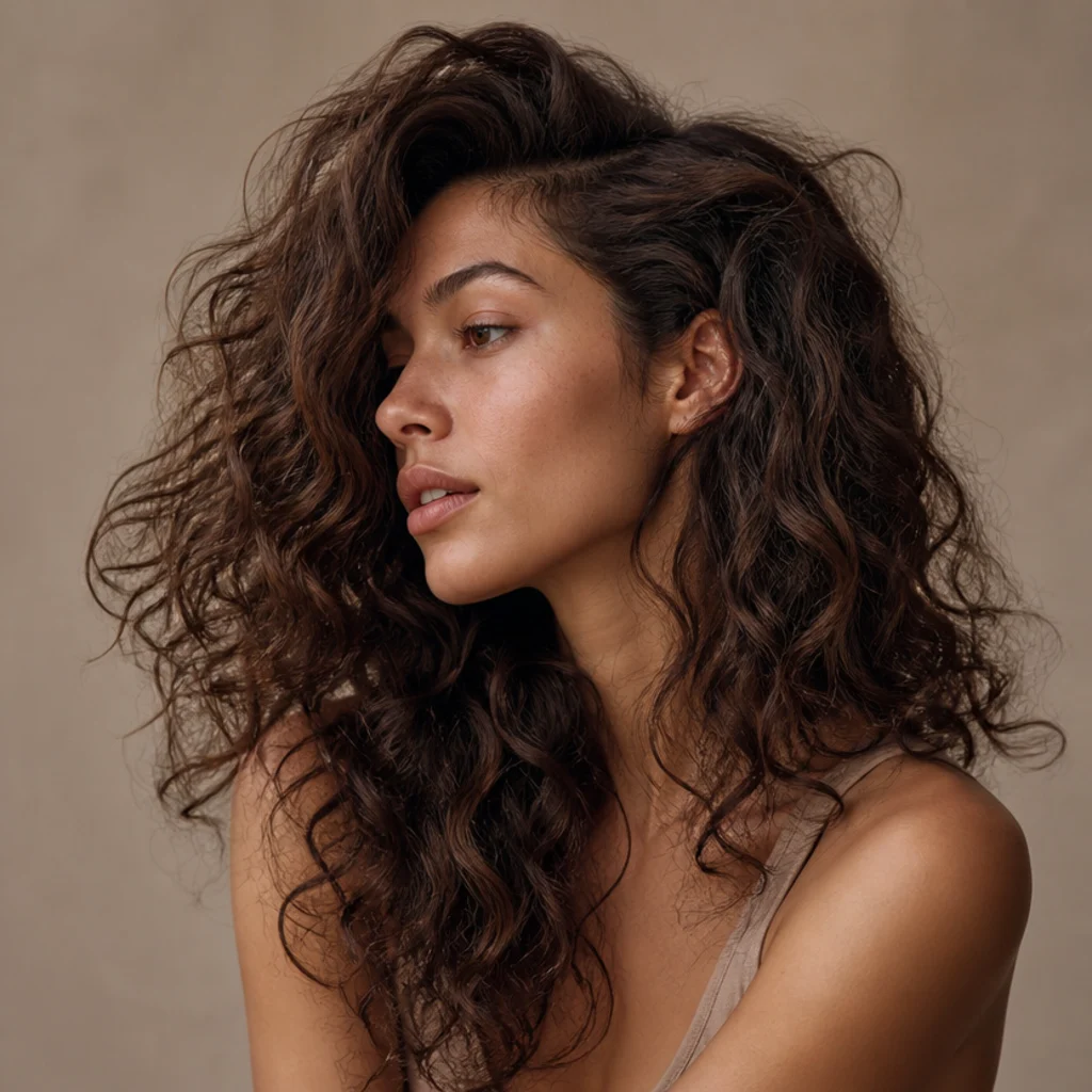 Side view of a curly long shag styled with a deep side part sweeping volume across one side