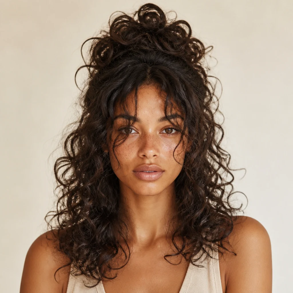 Front view of a curly long shag in a half-up style with curtain bangs framing the face and curls falling loose below
