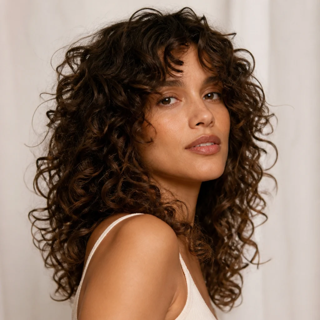 Three-quarter view of a woman with a long curly shag haircut, choppy layers and curtain bangs framing warm brown ringlets