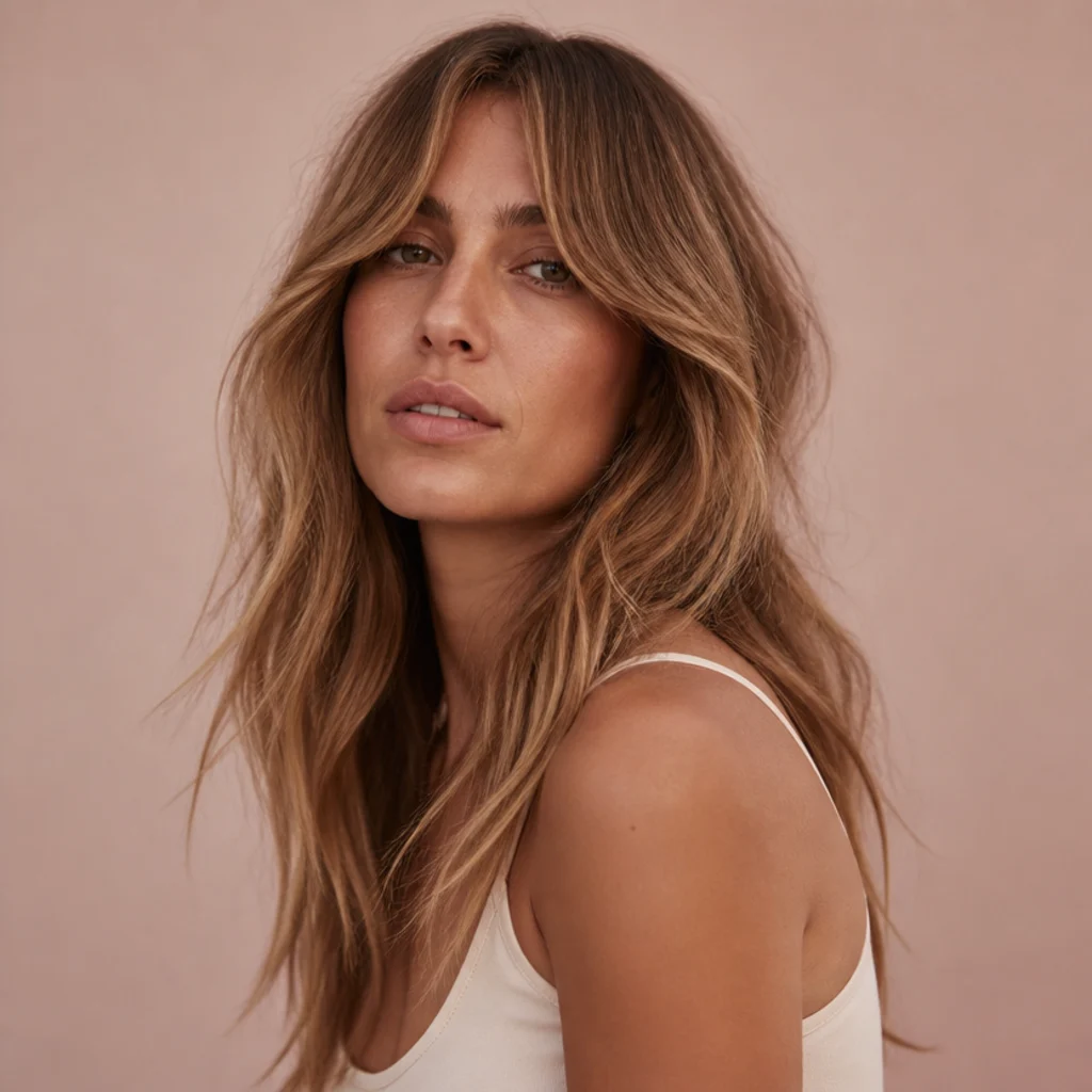 Three-quarter view of tousled, matte beachy waves in a long shag with grown-out center-parted curtain bangs, in sandy brown