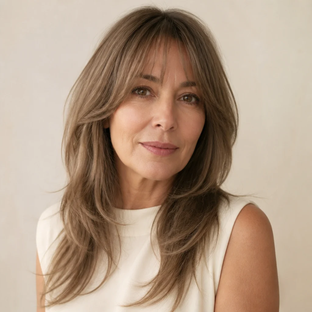 Front view of a long shag on fine hair with soft airy curtain bangs adding visual density at the face, in cool beige-brown
