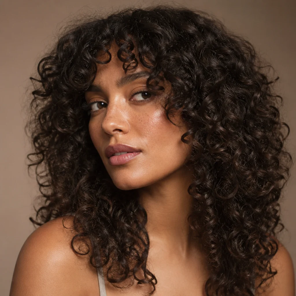 Side view of defined 3B curls in a long shag with a soft rounded curly curtain fringe, in rich espresso