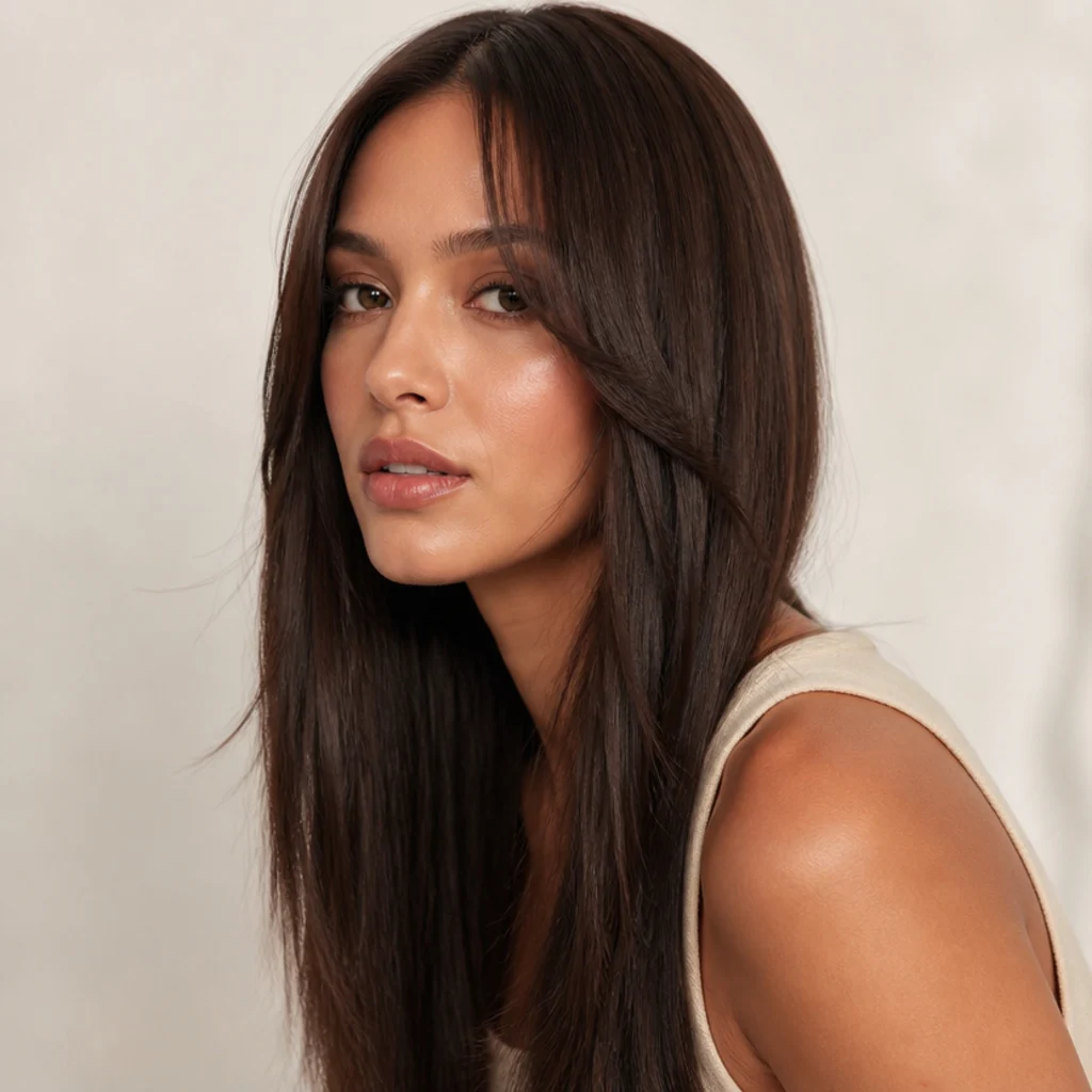 Three-quarter view of glossy pin-straight long shag with sleek center-parted curtain bangs bending off the cheekbones, in deep brunette