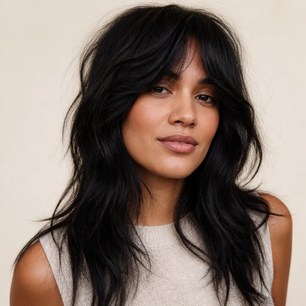 Front view of a voluminous thick long shag with heavily texturized point-cut ends and full curtain bangs, in natural black