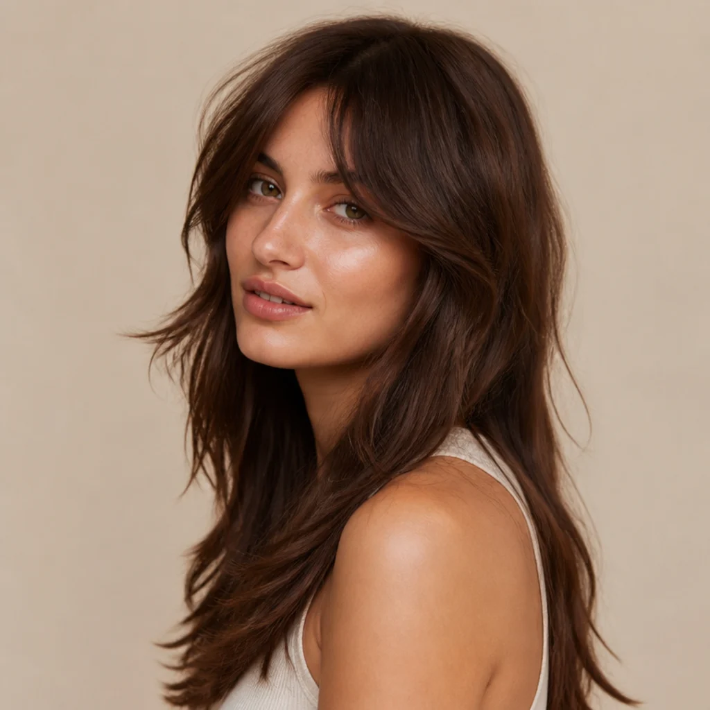 Three-quarter view of a long shag with long, nose-length deep curtain bangs blending smoothly into face-framing layers, in chestnut