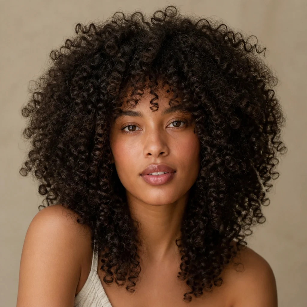 Front-facing view of a voluminous coily 4A long shag with a shaped curtain fringe and defined coils, in deep natural brown