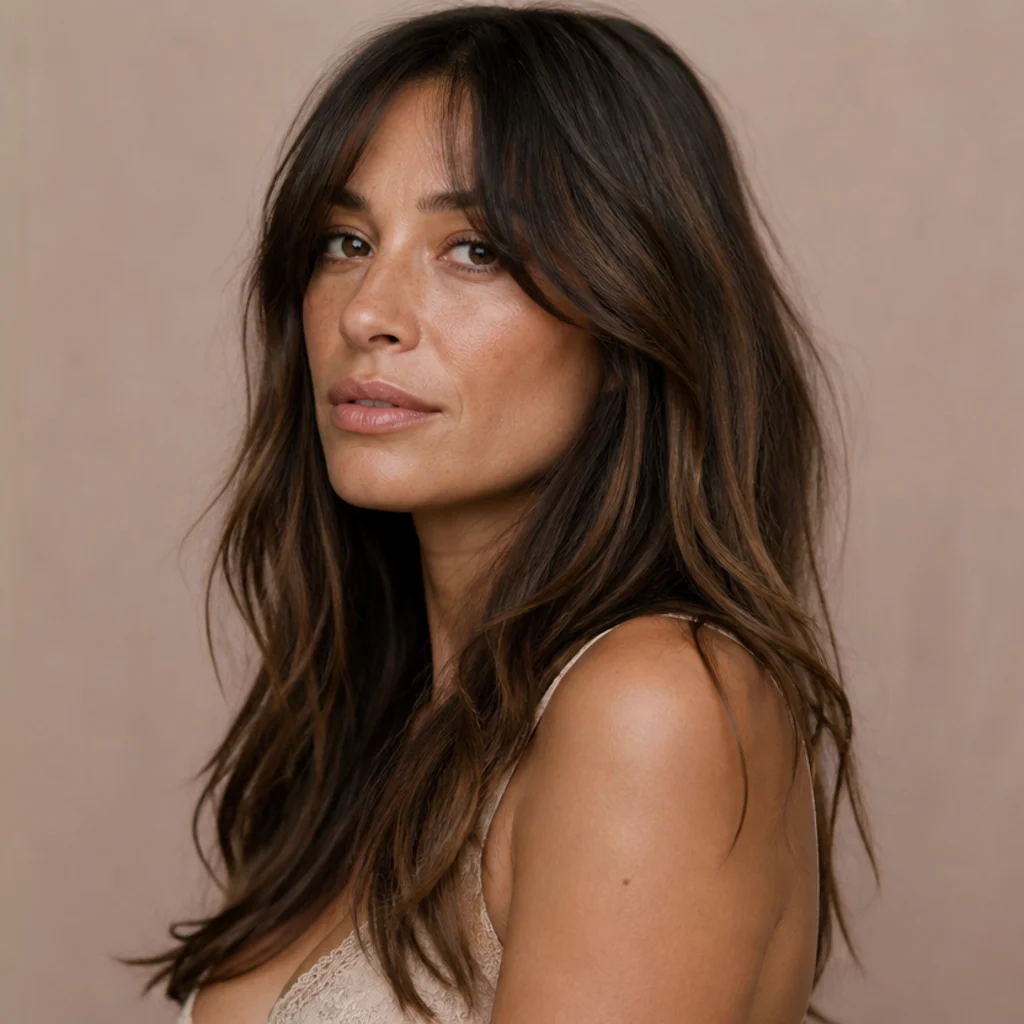 Three-quarter view of a soft, grown-out long shag with barely-there curtain bangs blending into lived-in layers, in natural brown