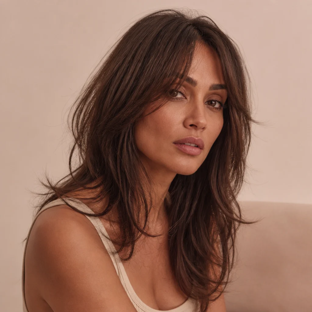 Three-quarter view of a long layered shag haircut with soft curtain bangs framing the face in warm studio light