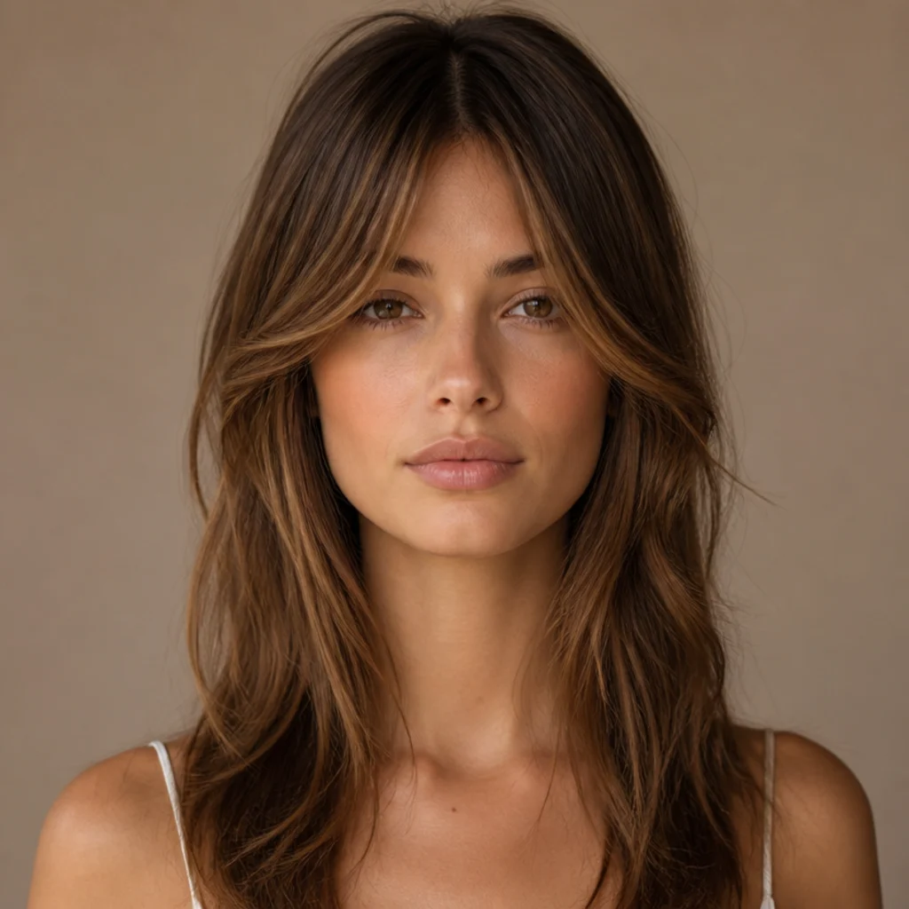 Straight-on view of a long shag with soft center-split curtain bangs sweeping toward the temples on light brown fine hair with visible face-framing layers