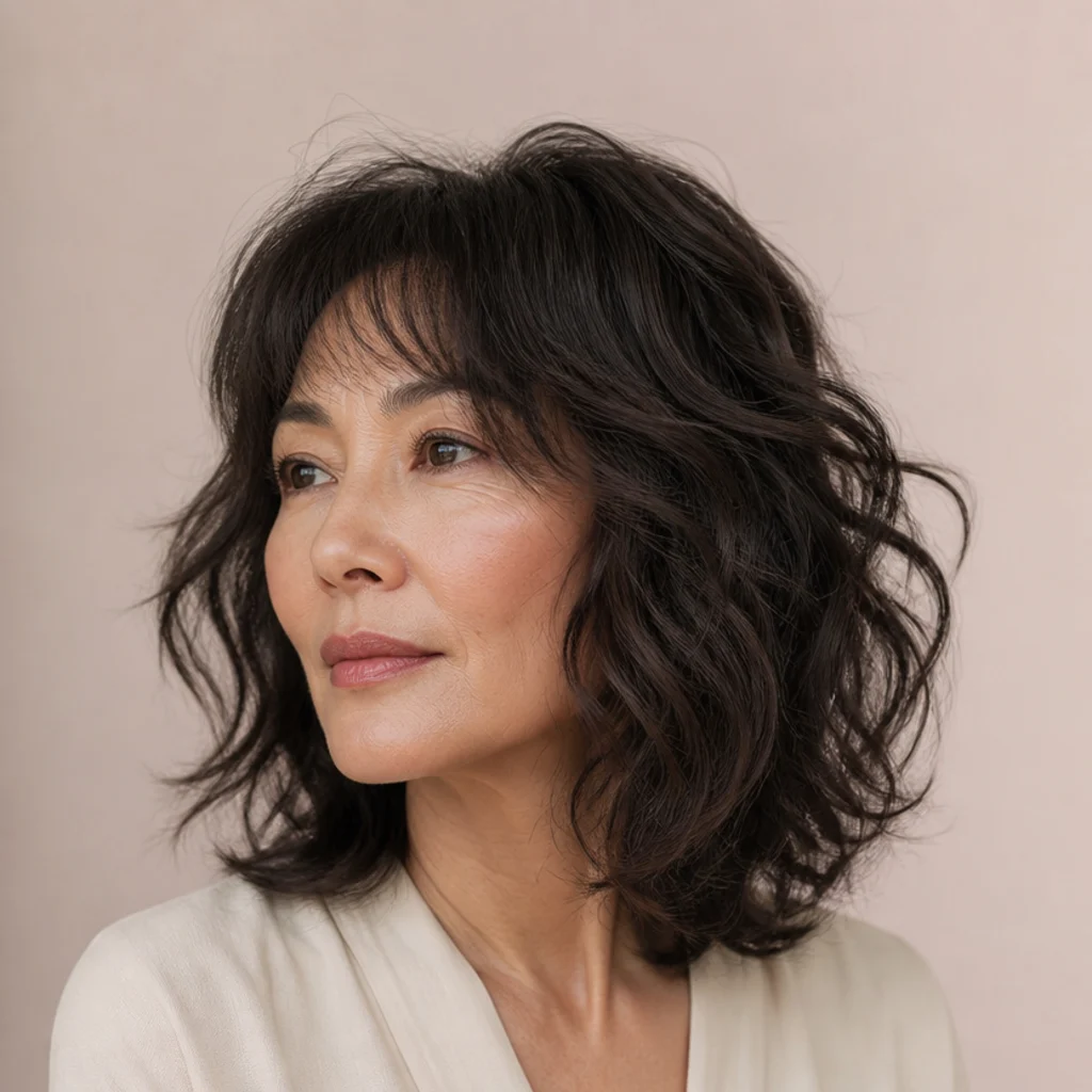 Three-quarter view of a long wavy shag with loose S-bend waves and airy staggered layers on shoulder-length fine light-brown hair