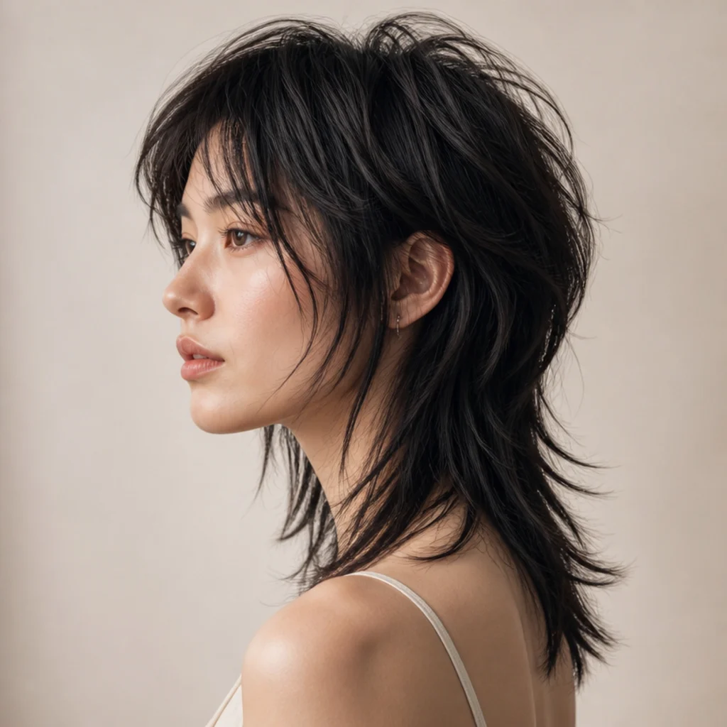 Side angle of a wispy wolf-cut shag with heavy stacked crown layers transitioning into feathered wispy ends on dark fine hair