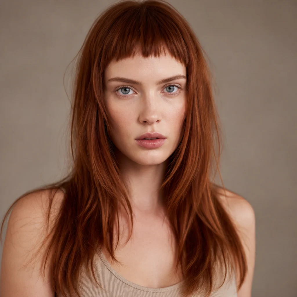 Front view of a long shag paired with short micro baby bangs sitting high above the brow on auburn fine hair with soft length below