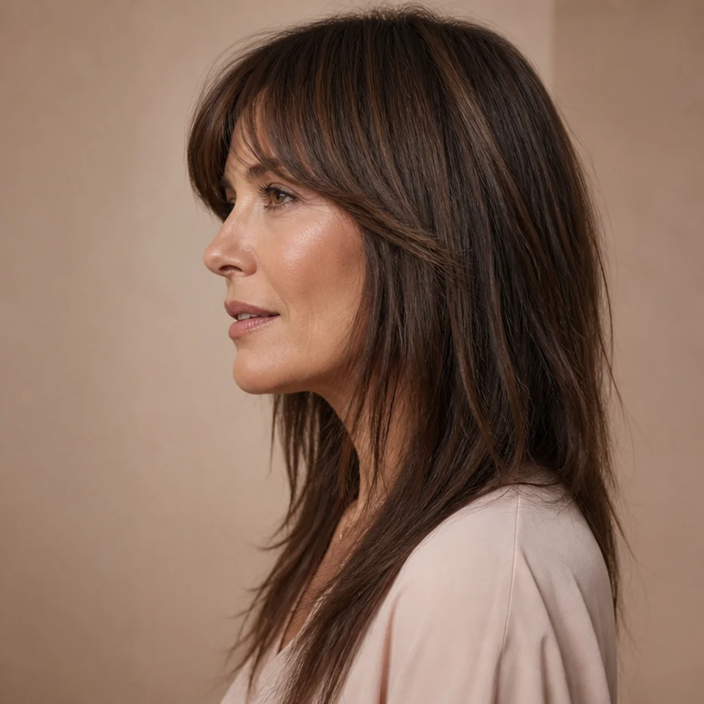 Side profile of a long shag with a bottleneck fringe short and rounded at the center then quickly lengthening into face-framing pieces on fine hair