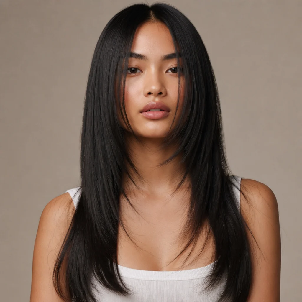Straight-on view of a sleek poker-straight long shag with sharp feathered face-framing edges on glossy black fine hair