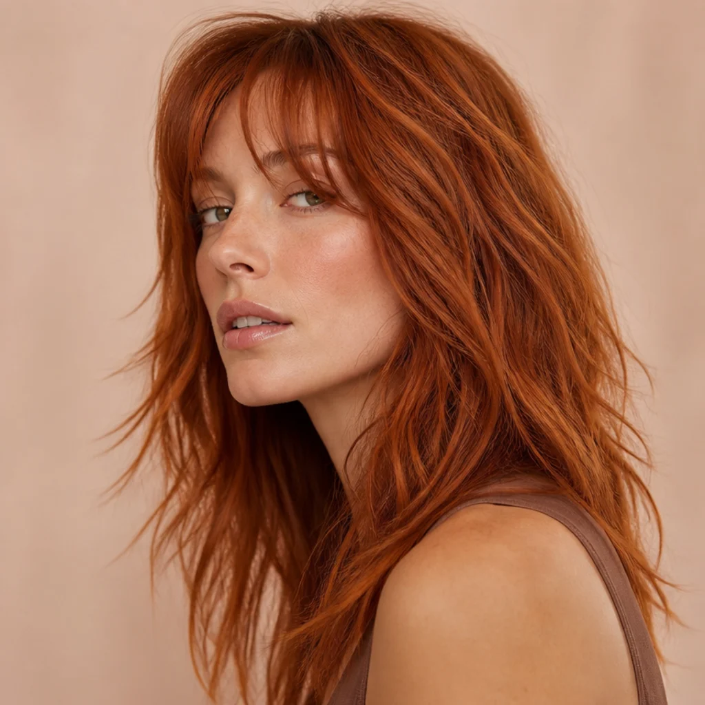 Three-quarter view of a vivid saturated copper long shag with a soft blended fringe and choppy layers on fine hair
